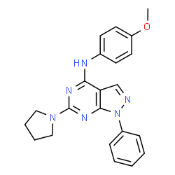 ChemSpider 2D Image | N-(4-methoxyphenyl)-1-phenyl-6-(pyrrolidin-1-yl)pyrazolo[3,4-d]pyrimidin-4-amine | C22H22N6O