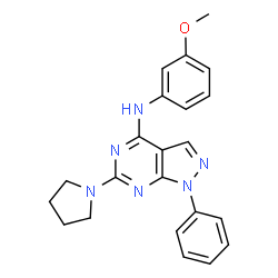 ChemSpider 2D Image | N-(3-Methoxyphenyl)-1-phenyl-6-(1-pyrrolidinyl)-1H-pyrazolo[3,4-d]pyrimidin-4-amine | C22H22N6O