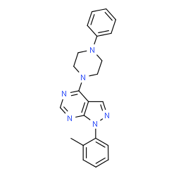 ChemSpider 2D Image | 1-(2-Methylphenyl)-4-(4-phenyl-1-piperazinyl)-1H-pyrazolo[3,4-d]pyrimidine | C22H22N6