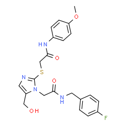 ChemSpider 2D Image | 2-{[1-{2-[(4-Fluorobenzyl)amino]-2-oxoethyl}-5-(hydroxymethyl)-1H-imidazol-2-yl]sulfanyl}-N-(4-methoxyphenyl)acetamide | C22H23FN4O4S