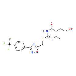 ChemSpider 2D Image | 5-(2-Hydroxyethyl)-6-methyl-2-[({3-[4-(trifluoromethyl)phenyl]-1,2,4-oxadiazol-5-yl}methyl)sulfanyl]-4(1H)-pyrimidinone | C17H15F3N4O3S
