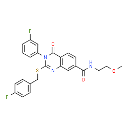 ChemSpider 2D Image | 2-[(4-Fluorobenzyl)sulfanyl]-3-(3-fluorophenyl)-N-(2-methoxyethyl)-4-oxo-3,4-dihydro-7-quinazolinecarboxamide | C25H21F2N3O3S