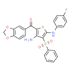 ChemSpider 2D Image | {3-Amino-5-[(4-fluorophenyl)amino]-4-(phenylsulfonyl)-2-thienyl}(1,3-benzodioxol-5-yl)methanone | C24H17FN2O5S2