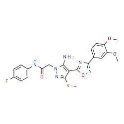 ChemSpider 2D Image | 2-{5-Amino-4-[3-(3,4-dimethoxyphenyl)-1,2,4-oxadiazol-5-yl]-3-(methylsulfanyl)-1H-pyrazol-1-yl}-N-(4-fluorophenyl)acetamide | C22H21FN6O4S