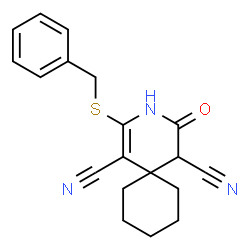ChemSpider 2D Image | 2-(Benzylsulfanyl)-4-oxo-3-azaspiro[5.5]undec-1-ene-1,5-dicarbonitrile | C19H19N3OS