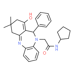 ChemSpider 2D Image | N-Cyclopentyl-2-(1-hydroxy-3,3-dimethyl-11-phenyl-2,3,4,11-tetrahydro-10H-dibenzo[b,e][1,4]diazepin-10-yl)acetamide | C28H33N3O2