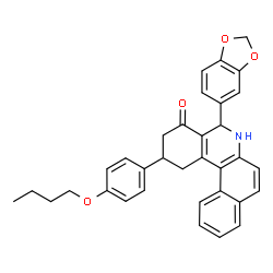ChemSpider 2D Image | 5-(1,3-Benzodioxol-5-yl)-2-(4-butoxyphenyl)-2,3,5,6-tetrahydrobenzo[a]phenanthridin-4(1H)-one | C34H31NO4