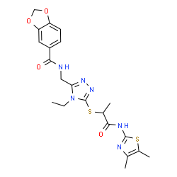 ChemSpider 2D Image | N-{[5-({1-[(4,5-Dimethyl-1,3-thiazol-2-yl)amino]-1-oxo-2-propanyl}sulfanyl)-4-ethyl-4H-1,2,4-triazol-3-yl]methyl}-1,3-benzodioxole-5-carboxamide | C21H24N6O4S2