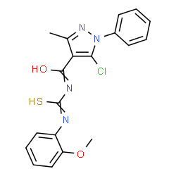 ChemSpider 2D Image | 5-Chloro-N-[(2-methoxyphenyl)carbamothioyl]-3-methyl-1-phenyl-1H-pyrazole-4-carboxamide | C19H17ClN4O2S