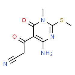 ChemSpider 2D Image | 3-[4-Amino-1-methyl-2-(methylsulfanyl)-6-oxo-1,6-dihydro-5-pyrimidinyl]-3-oxopropanenitrile | C9H10N4O2S
