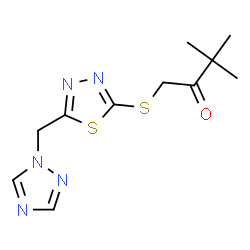 ChemSpider 2D Image | 3,3-Dimethyl-1-{[5-(1H-1,2,4-triazol-1-ylmethyl)-1,3,4-thiadiazol-2-yl]sulfanyl}-2-butanone | C11H15N5OS2
