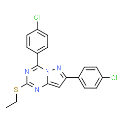 ChemSpider 2D Image | 4,7-Bis(4-chlorophenyl)-2-(ethylsulfanyl)pyrazolo[1,5-a][1,3,5]triazine | C19H14Cl2N4S