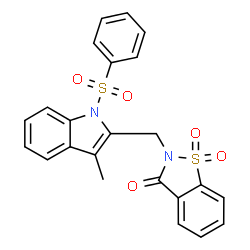 ChemSpider 2D Image | 2-{[3-Methyl-1-(phenylsulfonyl)-1H-indol-2-yl]methyl}-1,2-benzothiazol-3(2H)-one 1,1-dioxide | C23H18N2O5S2