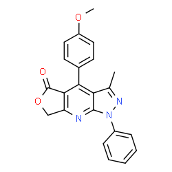 ChemSpider 2D Image | 4-(4-Methoxyphenyl)-3-methyl-1-phenyl-1,7-dihydro-5H-furo[3,4-b]pyrazolo[4,3-e]pyridin-5-one | C22H17N3O3