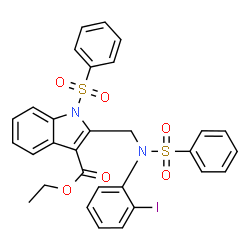 ChemSpider 2D Image | Ethyl 2-{[(2-iodophenyl)(phenylsulfonyl)amino]methyl}-1-(phenylsulfonyl)-1H-indole-3-carboxylate | C30H25IN2O6S2