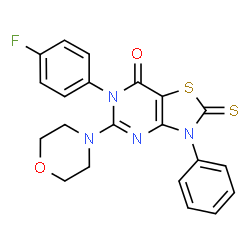 ChemSpider 2D Image | 6-(4-Fluorophenyl)-5-(4-morpholinyl)-3-phenyl-2-thioxo-2,3-dihydro[1,3]thiazolo[4,5-d]pyrimidin-7(6H)-one | C21H17FN4O2S2