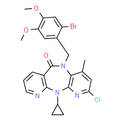 ChemSpider 2D Image | 5-(2-Bromo-4,5-dimethoxybenzyl)-2-chloro-11-cyclopropyl-4-methyl-5,11-dihydro-6H-dipyrido[3,2-b:2',3'-e][1,4]diazepin-6-one | C24H22BrClN4O3