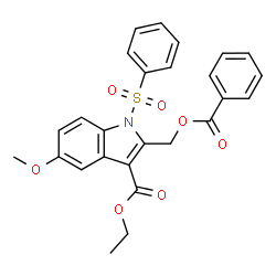 ChemSpider 2D Image | Ethyl 2-[(benzoyloxy)methyl]-5-methoxy-1-(phenylsulfonyl)-1H-indole-3-carboxylate | C26H23NO7S