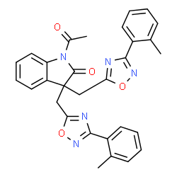 ChemSpider 2D Image | 1-Acetyl-3,3-bis{[3-(2-methylphenyl)-1,2,4-oxadiazol-5-yl]methyl}-1,3-dihydro-2H-indol-2-one | C30H25N5O4