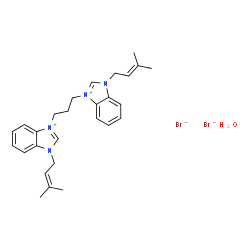 ChemSpider 2D Image | 1-(3-methylbut-2-enyl)-3-[3-[3-(3-methylbut-2-enyl)benzimidazol-1-ium-1-yl]propyl]benzimidazol-3-ium dibromide hydrate | C27H36Br2N4O