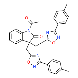ChemSpider 2D Image | 1-Acetyl-3,3-bis{[3-(4-methylphenyl)-1,2,4-oxadiazol-5-yl]methyl}-1,3-dihydro-2H-indol-2-one | C30H25N5O4