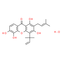 ChemSpider 2D Image | 1,3,5,6-Tetrahydroxy-4-(2-methyl-3-buten-2-yl)-2-(3-methyl-2-buten-1-yl)-9H-xanthen-9-one hydrate (1:1) | C23H26O7