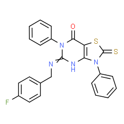 ChemSpider 2D Image | 5-[(4-Fluorobenzyl)amino]-3,6-diphenyl-2-thioxo-2,3-dihydro[1,3]thiazolo[4,5-d]pyrimidin-7(6H)-one | C24H17FN4OS2