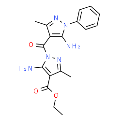 ChemSpider 2D Image | Ethyl 5-amino-1-[(5-amino-3-methyl-1-phenyl-1H-pyrazol-4-yl)carbonyl]-3-methyl-1H-pyrazole-4-carboxylate | C18H20N6O3