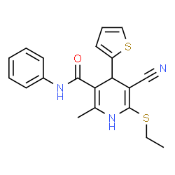 ChemSpider 2D Image | 5-Cyano-6-(ethylsulfanyl)-2-methyl-N-phenyl-4-(2-thienyl)-1,4-dihydro-3-pyridinecarboxamide | C20H19N3OS2