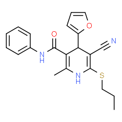 ChemSpider 2D Image | 5-Cyano-4-(2-furyl)-2-methyl-N-phenyl-6-(propylsulfanyl)-1,4-dihydro-3-pyridinecarboxamide | C21H21N3O2S