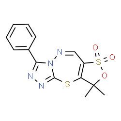 ChemSpider 2D Image | 3,3-Dimethyl-7-phenyl-3H-[1,2]oxathiolo[3,4-f][1,2,4]triazolo[3,4-b][1,3,4]thiadiazepine 1,1-dioxide | C14H12N4O3S2