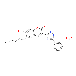 ChemSpider 2D Image | 6-Hexyl-7-hydroxy-3-(3-phenyl-1H-1,2,4-triazol-5-yl)-2H-chromen-2-one hydrate (1:1) | C23H25N3O4