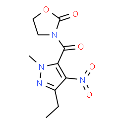 ChemSpider 2D Image | 3-[(3-Ethyl-1-methyl-4-nitro-1H-pyrazol-5-yl)carbonyl]-1,3-oxazolidin-2-one | C10H12N4O5