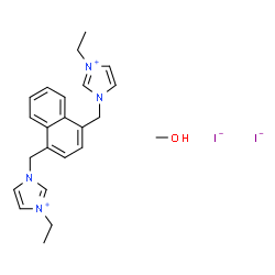 ChemSpider 2D Image | 1,1'-[1,4-Naphthalenediylbis(methylene)]bis(3-ethyl-1H-imidazol-3-ium) iodide methanol (1:2:1) | C23H30I2N4O