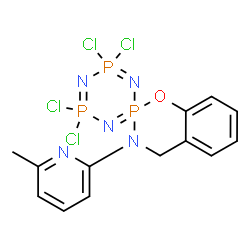 ChemSpider 2D Image | 4',4',6',6'-Tetrachloro-3-(6-methyl-2-pyridinyl)-3,4-dihydrospiro[1,3,2-benzoxazaphosphinine-2,2'-[1,3,5,2,4,6]triazatriphosphinine] | C13H12Cl4N5OP3