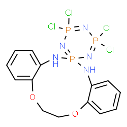 ChemSpider 2D Image | (5E,6E)-4',4',6',6'-Tetrachloro-13,14-dihydro-5H,5'H-spiro[dibenzo[b,g][1,9,4,6,5]dioxadiazaphosphacycloundecine-6,2'-[1,3,5,2,4,6]triazatriphosphinine] | C14H14Cl4N5O2P3