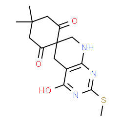 ChemSpider 2D Image | 4,4-Dimethyl-2'-(methylsulfanyl)-1',5',7',8'-tetrahydro-2H,4'H,6H-spiro[cyclohexane-1,6'-pyrido[2,3-d]pyrimidine]-2,4',6-trione | C15H19N3O3S