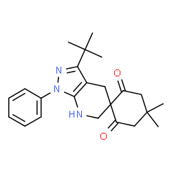 ChemSpider 2D Image | 4,4-Dimethyl-3'-(2-methyl-2-propanyl)-1'-phenyl-1',4',6',7'-tetrahydro-2H,6H-spiro[cyclohexane-1,5'-pyrazolo[3,4-b]pyridine]-2,6-dione | C23H29N3O2