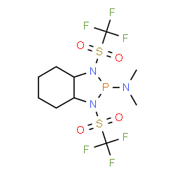 ChemSpider 2D Image | N,N-Dimethyl-1,3-bis[(trifluoromethyl)sulfonyl]octahydro-2H-1,3,2-benzodiazaphosphol-2-amine | C10H16F6N3O4PS2
