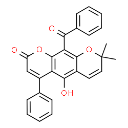 ChemSpider 2D Image | 10-Benzoyl-5-hydroxy-8,8-dimethyl-4-phenyl-2H,8H-pyrano[3,2-g]chromen-2-one | C27H20O5