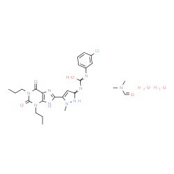 ChemSpider 2D Image | 1-(3-Chlorophenyl)-3-[5-(2,6-dioxo-1,3-dipropyl-2,3,6,7-tetrahydro-1H-purin-8-yl)-1-methyl-1H-pyrazol-3-yl]urea - N,N-dimethylformamide hydrate (1:1:2) | C25H36ClN9O6