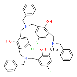 ChemSpider 2D Image | 3,11,19-Tribenzyl-7,15,23-trichloro-3,11,19-triazatetracyclo[19.3.1.1~5,9~.1~13,17~]heptacosa-1(25),5(27),6,8,13(26),14,16,21,23-nonaene-25,26,27-triol | C45H42Cl3N3O3