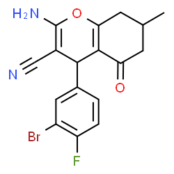 ChemSpider 2D Image | 2-Amino-4-(3-bromo-4-fluorophenyl)-7-methyl-5-oxo-5,6,7,8-tetrahydro-4H-chromene-3-carbonitrile | C17H14BrFN2O2
