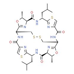 ChemSpider 2D Image | (1R,4R,5S,8R,15R,18R,19S,22R)-8,22-Diisobutyl-4,18-dimethyl-3,17-dioxa-10,24,30,31-tetrathia-7,14,21,28,33,34,35,36-octaazahexacyclo[13.13.4.1~2,5~.1~9,12~.1~16,19~.1~23,26~]hexatriaconta-2(36),9(35),
11,16(34),23(33),25-hexaene-6,13,20,27-tetrone | C32H42N8O6S4