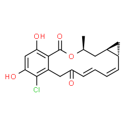 ChemSpider 2D Image | (1aS,2Z,4E,14S,15aR)-8-Chloro-9,11-dihydroxy-14-methyl-1a,14,15,15a-tetrahydrocyclopropa[e][2]benzoxacyclotetradecine-6,12(1H,7H)-dione | C19H19ClO5