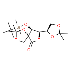 ChemSpider 2D Image | (5R,8R,9S)-8-[(4R)-2,2-Dimethyl-1,3-dioxolan-4-yl]-9-{[dimethyl(2-methyl-2-propanyl)silyl]oxy}-2,2-dimethyl-1,3,7-trioxaspiro[4.4]nonan-6-one | C19H34O7Si