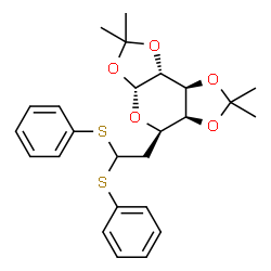 ChemSpider 2D Image | (3aR,5R,5aS,8aS,8bR)-5-[2,2-Bis(phenylsulfanyl)ethyl]-2,2,7,7-tetramethyltetrahydro-3aH-bis[1,3]dioxolo[4,5-b:4',5'-d]pyran | C25H30O5S2