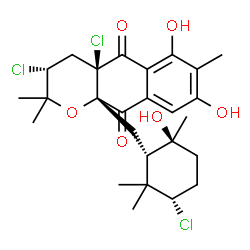 ChemSpider 2D Image | (3R,4aR,10aS)-3,4a-Dichloro-10a-{[(1S,3S,6S)-3-chloro-6-hydroxy-2,2,6-trimethylcyclohexyl]methyl}-6,8-dihydroxy-2,2,7-trimethyl-3,4,4a,10a-tetrahydro-2H-benzo[g]chromene-5,10-dione | C26H33Cl3O6