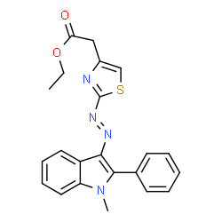 ChemSpider 2D Image | Ethyl {2-[(E)-(1-methyl-2-phenyl-1H-indol-3-yl)diazenyl]-1,3-thiazol-4-yl}acetate | C22H20N4O2S