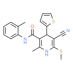 ChemSpider 2D Image | 5-Cyano-2-methyl-N-(2-methylphenyl)-6-(methylsulfanyl)-4-(2-thienyl)-1,4-dihydro-3-pyridinecarboxamide | C20H19N3OS2